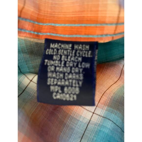 Rough Stock Mens Large Orange Blue Pearl Snap Western Flannel Cowboy Rodeo - Picture 7 of 14